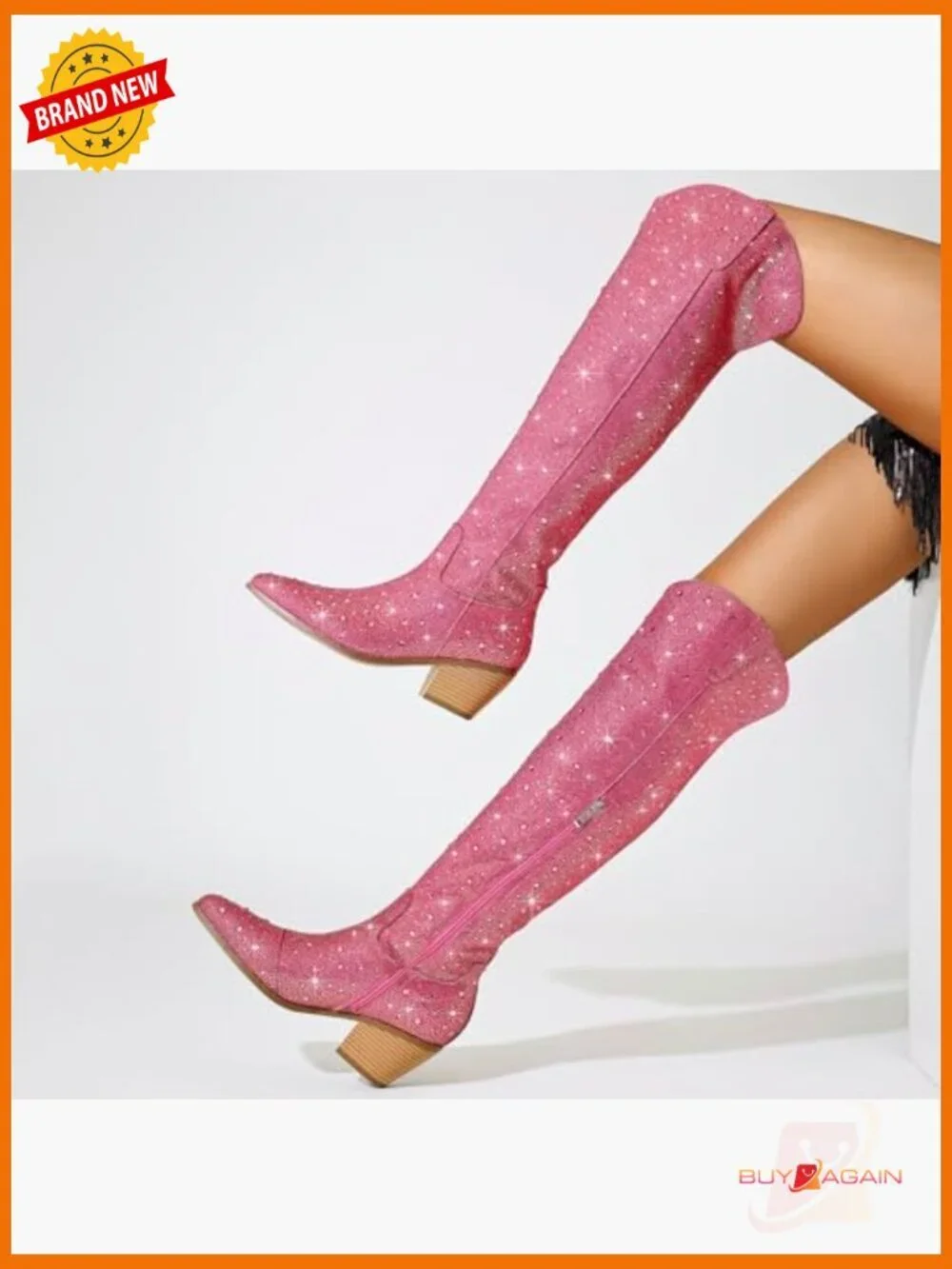 Over the Knee Cowboy Boots Rhinestone Sparkly Bling Western Thigh High Chunky